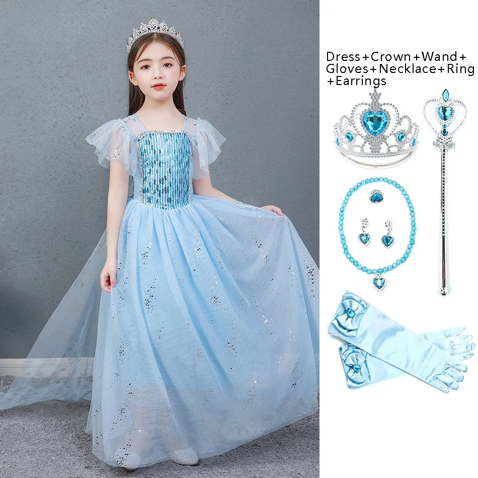 

Girls Sequins Princess Costume Summer Sleeveless Snow Queen Elsa Dress Up Clothes Children Elegant Party Gown Kids Long Frocks