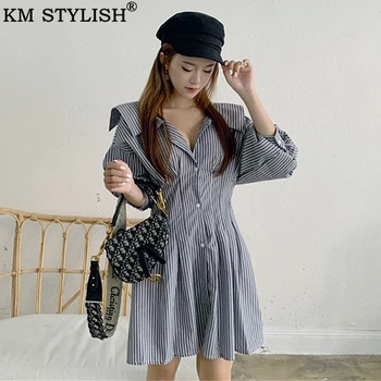 

KM STYLISH Korea Women's Sexy Striped Shirt Dress Back straps Waist 2019 Autumn New Fashion Off-shoulder V-neck Mini dress