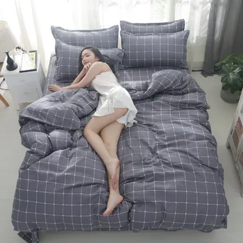 

Classic bedding set 5 size grey blue grid summer bed linen 4pcs/set duvet cover set Pastoral bed sheet AB side duvet cover 2020