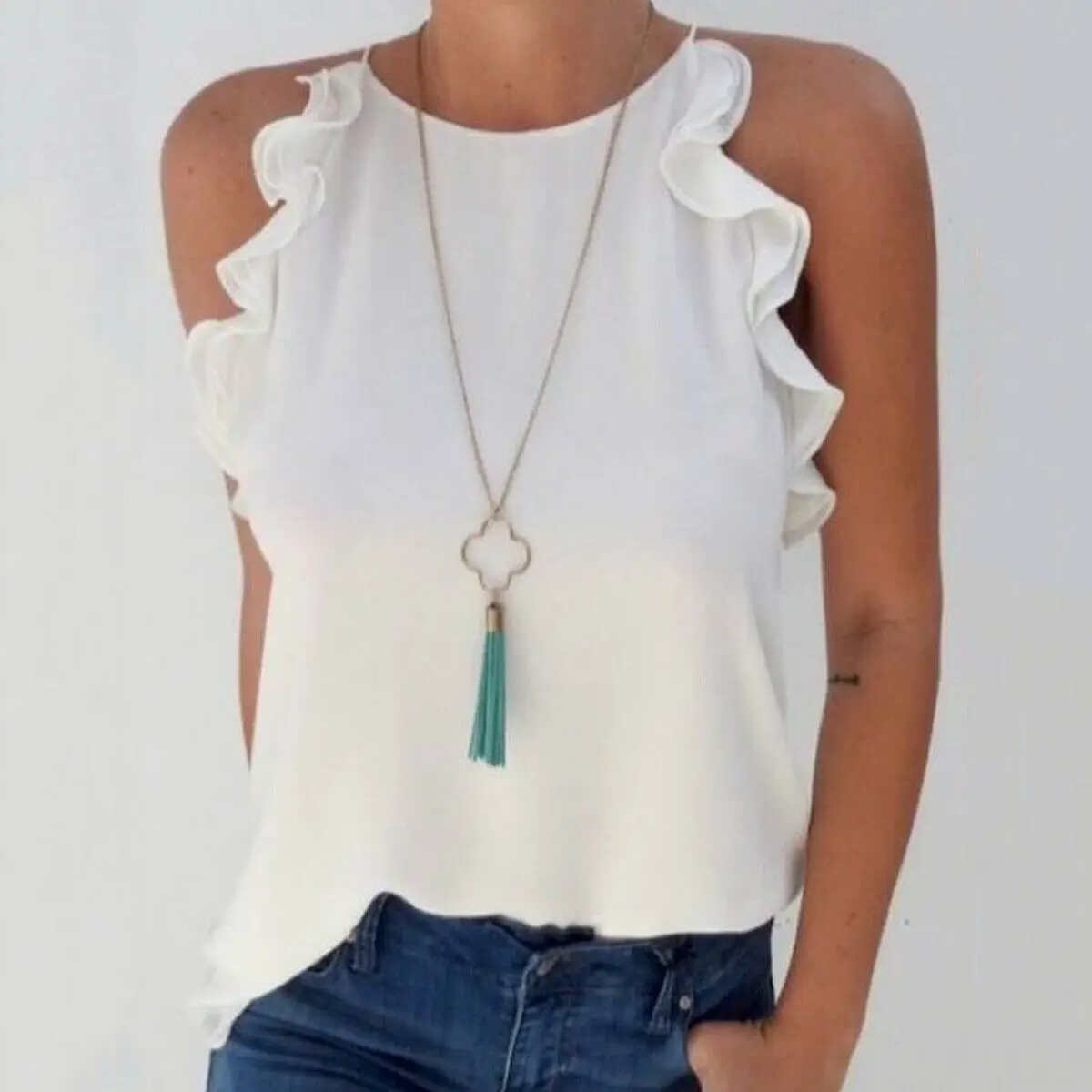 Fashion Girl Solid Color Blouse Women Casual Chiffon Shirt Sleeveless Ruffle Sleeve Summer Tops Black White | Женская одежда