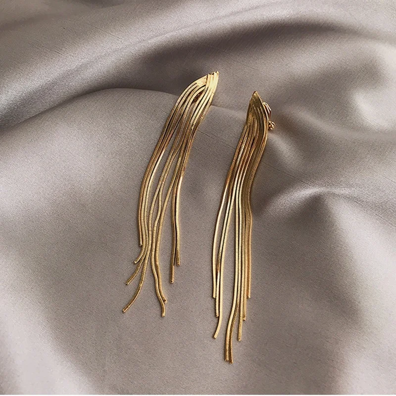 Vintage Long Metal Chain Tassel Clip on Earrings Bohemian Geometric Without Piercing Ear Clips for Women Party Jewelry Gift