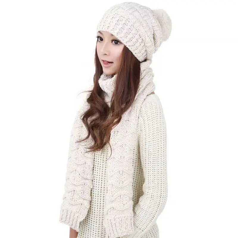Женская зимняя вязаная шапка, шарф, набор, одноцветная шапка с помпоном, шапка, шейный платок - Цвет: 2