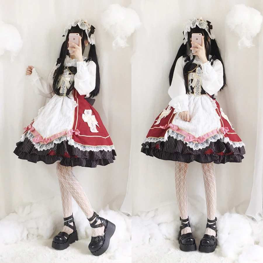 

Lolita Daily Spring Dummer Cross Retro JSK Sling dress Girls Lace Double layer Ruffle Cute Bowknot Sleeveless Dress Preppy Style