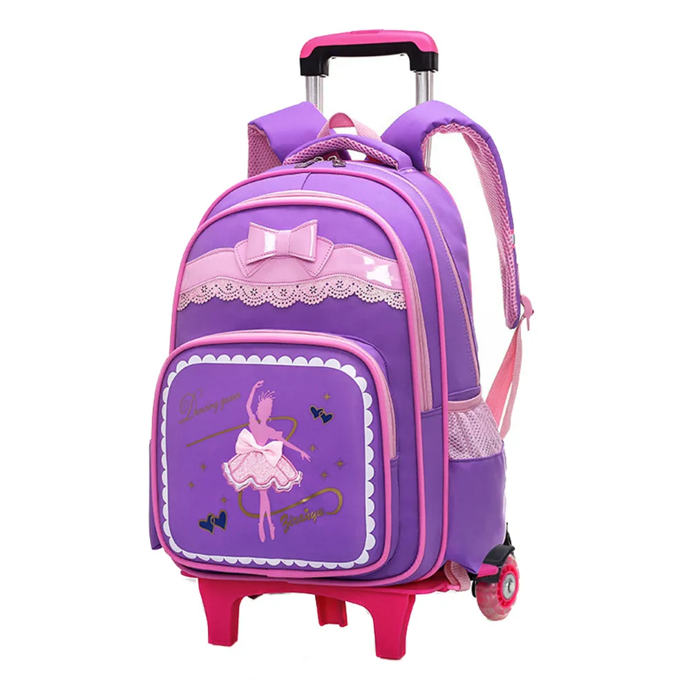 purple 2 wheels 2/6 Wheels Children School Bags for Girls Trolley Backpack carton pattern rolling luggage kids detachable and orthopedic bag - Цвет: purple 2 wheels