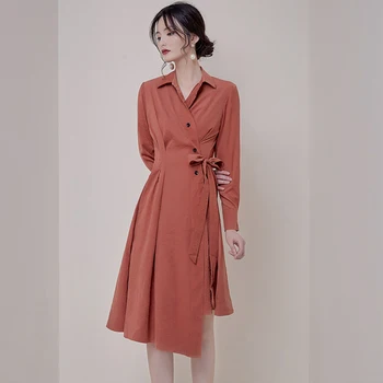 

Brief 2019 Bow Fashion Summer Dress Casual Irregular Korean Women Dress Vintage Single Breasted Turn-down Collar Dresses