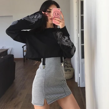 

Gothic Style Cool Women Long Sleeve Sweatshirt with Stocking clip Jumper Crop Top Dragon Printing Pullover Tops