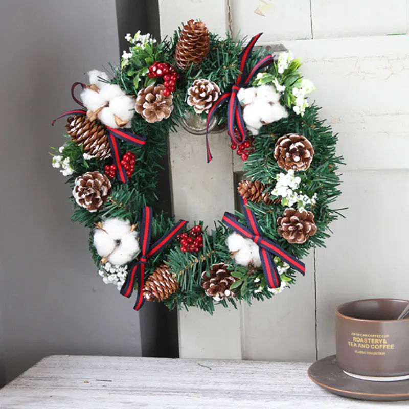 30cm Artificial Pine Cones Cotton Christmas Wreath Decoration Bow New Year