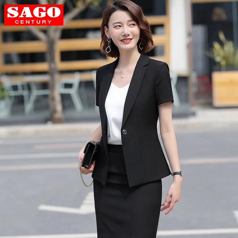 

Women Short Sleeve Suit Blazer Jacket Mini Skirt Set Office Lady Formal Notched Lapel Step Collar Single Button OL Work Wear