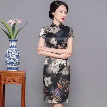 

Plus Size 3XL Chinese Dress For Female Traditional Mandarin Collar Evening Party Dress Tight Qipao Print Short Sleeve Cheongsam