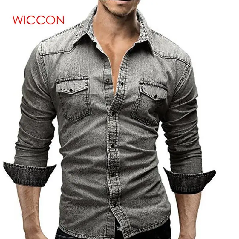 Мужская рубашка бренд мужские рубашки с длинным рукавом Повседневная однотонная джинсовая ткань, зауженный крой рубашки с отложным воротником мужская одежда s 3XL