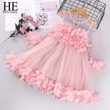 

HE Hello Enjoy Girls Dresses Kid Clothes Autumn New Pink Lace Gown Princess Wedding Dance Party Elegant Children Dress Clothing