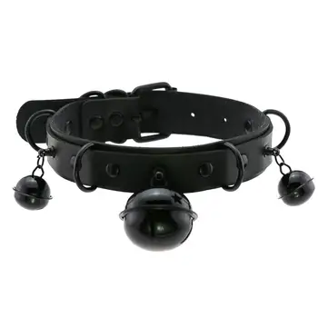 

Trendy Punk PU Leather Choker Necklace Black Metal Bell Chocker Collar Necklace Harness Bondage Gothic Costume Jewelry Harajuku
