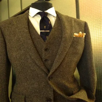 

2020 Latest Coat Pant Designs Brown Tweed Prom Men Suit Slim Fit 3 Piece Tuxedo Custom Groom Suits Gentle Blazer Terno Masculino