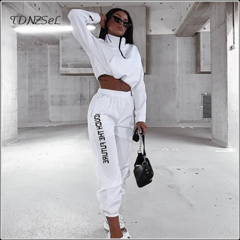 

Women White Casual Joggers 2 Two Piece Set Tracksuit Zipper Long Sleeve Outfits Crop Top And Pants Set Sport Letter Print Suit