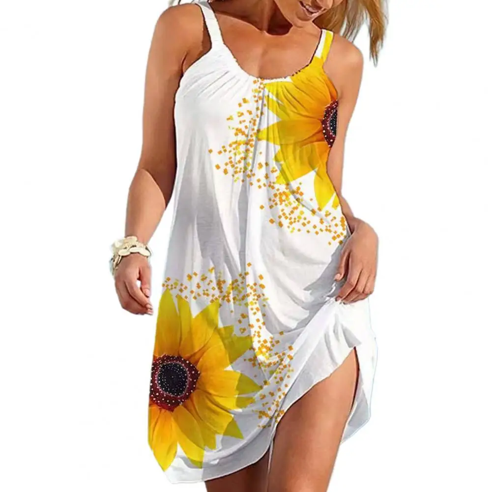 Sunflower Print Dresses For Women Party Femme Robe Halter Neck Bohemia Sleeveless Beachwear