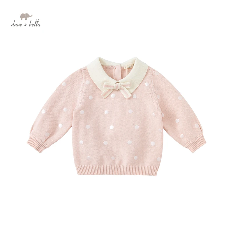 

DBL19624 dave bella autumn cute baby girls Christmas removable bow dots knitted sweater kids girl fashion toddler boutique tops