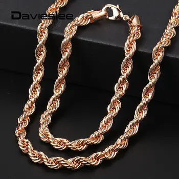 

5/6mm Necklace Bracelet Set for Women Men 585 Rose Gold Twisted Rope Link Chain Party Wedding Jewelry Sets Fashion New LCS19