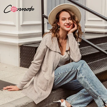 

Conmoto Casual turndown collar knitted women cardigan Long sleeve pocket female sweater cardigan Loose ladies long sweaters