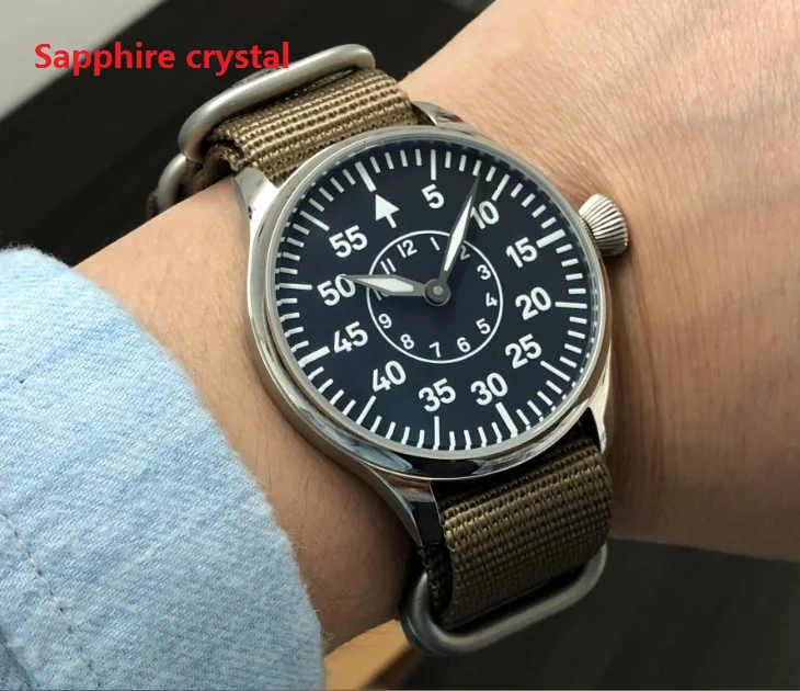 Сапфировое стекло 44 мм черный циферблат две руки гусиная шея 6497 механический