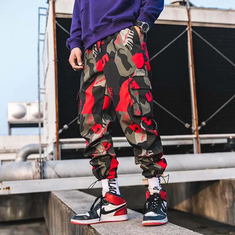 Красный New Men Camouflage Cargo Pants Men Street Harem Pants Fitness Trousers Comfortable Ankle Length Sweatpants Joggers For Male - Цвет: Красный