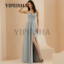 Vestidos de Noche de gasa con Apliques de encaje y escote en V, Espalda descubierta, abertura frontal alta, con tirantes finos, ropa de fiesta