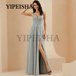 V-Neck Lace Appliques Chiffon Evening Dresses Backless Front High Split Spaghetti Strap Prom Gown robes de soirée vestidos