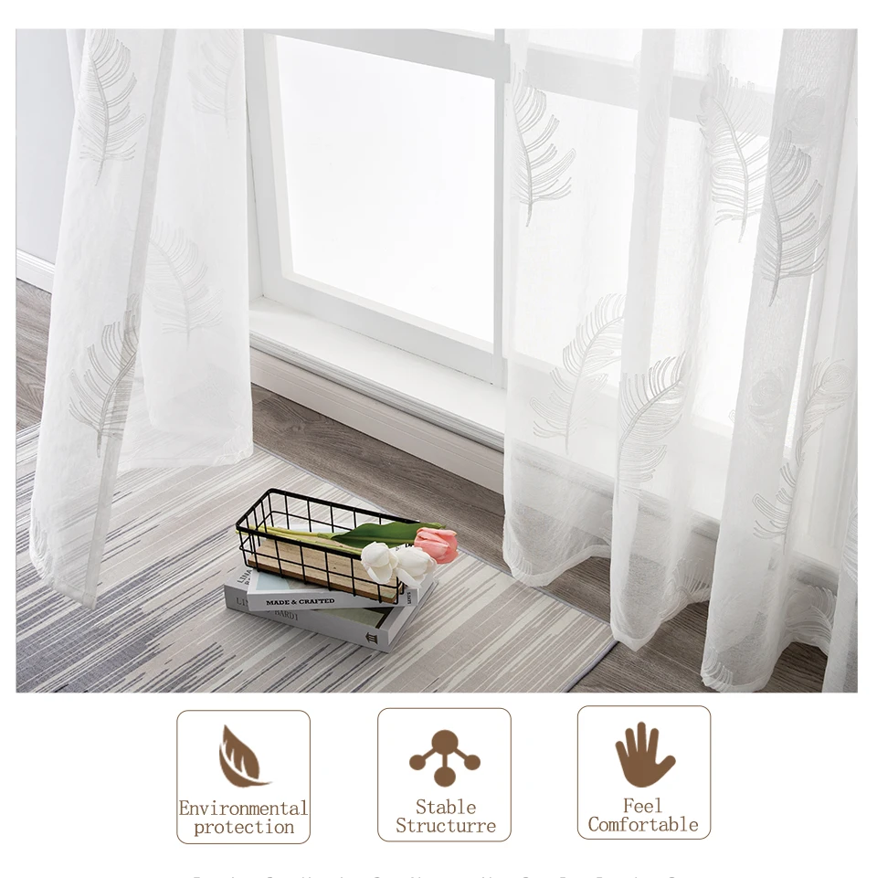 Feather Embroidery Tulle Curtains for Living Room Bedroom Kitchen Window Sheer White Curtain Home Decor Voile Drapes Custom Size