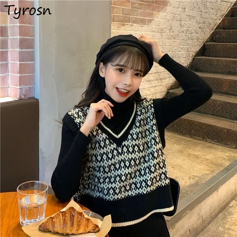 

Women Argyle Knitted V Neck Sweater Vests Spring Autumn Harajuku Slender Simple Fashion Vintage Chic Korean Style Retro Femme