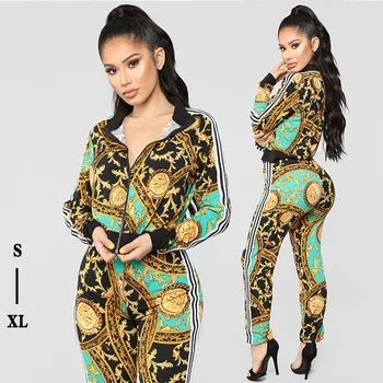 

High Street Women Two Piece Outfits 2020 Spring Printing New Fashion Casual Wear Long Sleeve O-Neck Coat Long Pencil Pants