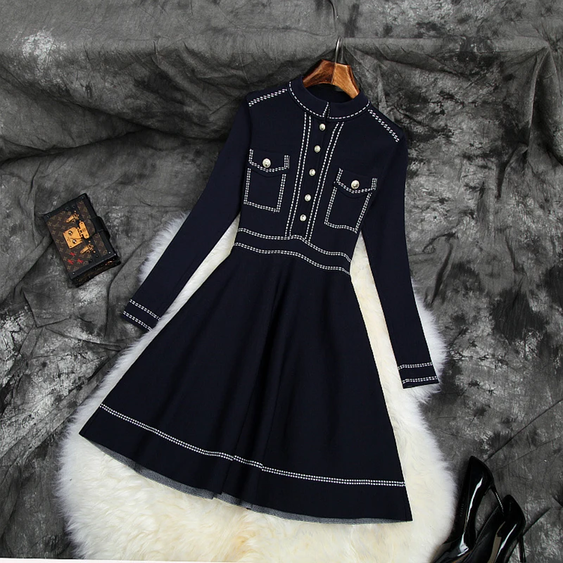 

HIGH QUALITY New Fashion 2019 Designer Runway Dress Women's Long Sleeve Sew Line Contrast Color Knitting Dress