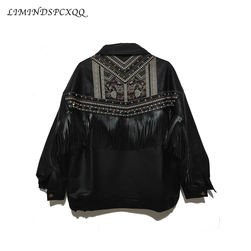 

New Leather Jacket Women Fringed Rivet Punk PU Leather Jacket Locomotive Short Coat Motorcycle Outerwear Lady Embroidery Coats