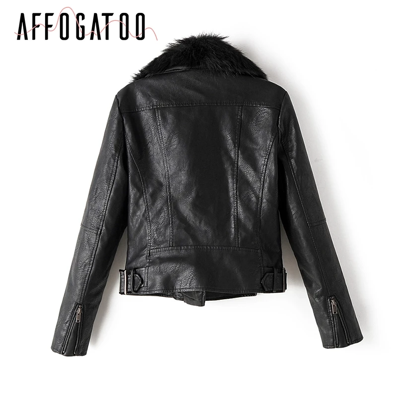 Affogatoo Casual Autumn winter warm faux fur female jackets furry Detachable collar leather coat women Thick outwear ladies coat