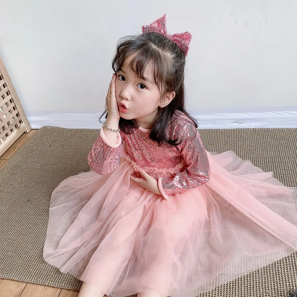 Новинка года, стильное розовое платье с пайетками для девочек Детские платья-пачки принцессы для свадебной вечеринки, детская заколка для волос От 1 до 10 лет, E81230