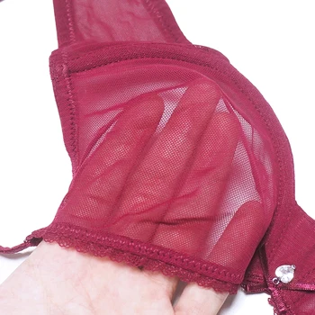 Varsbaby sexy mesh lace underwear transparent unlined 1 bra+2 panties bra set plus size 32-42CDE 5
