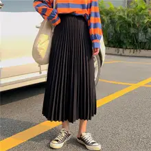 Однотонные женские осенние плиссированные юбки с высокой талией, Длинные свободные женские вязаные юбки до середины икры, элегантные офисные женские юбки Макси