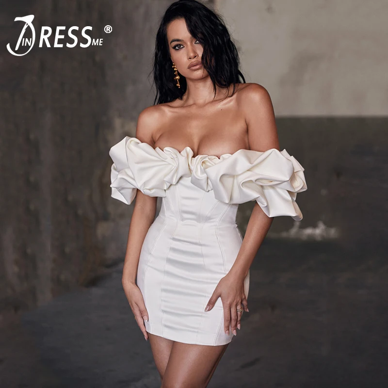 Женское платье с открытыми плечами INDRESSME весеннее облегающее оборками вечерние