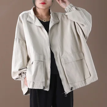 

2020 New Spring Loose Plus Size All-match Women Coat Leisure Korean Solid Color Pocket Zipper Long Sleeve Short Coats