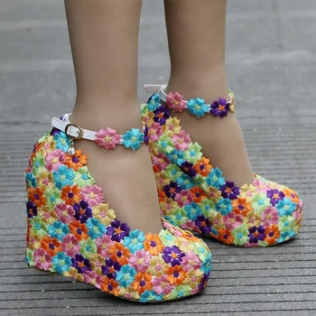 

Womens Platform Flowers Rainbow Colors Wedge High Heel Wedding Bridal Pumps Shoes Ankle Belt Buckle Plus Size C458