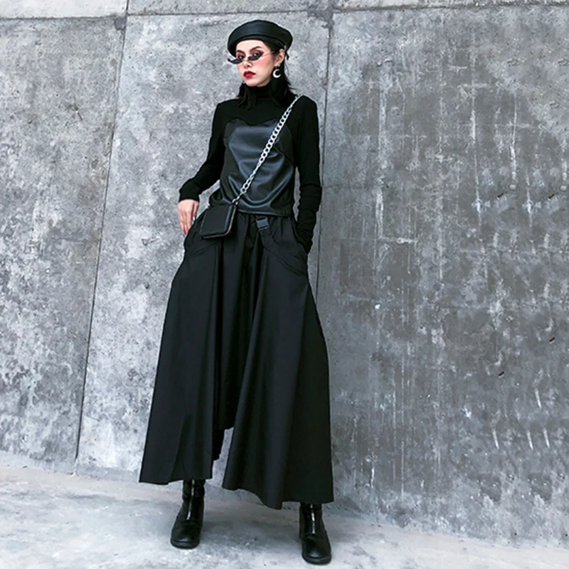 [EAM] High Elastic Waist Black  Buckle Split Joint IrregularHalf-body Skirt Women Fashion Tide New Spring Autumn 2020 1DA108