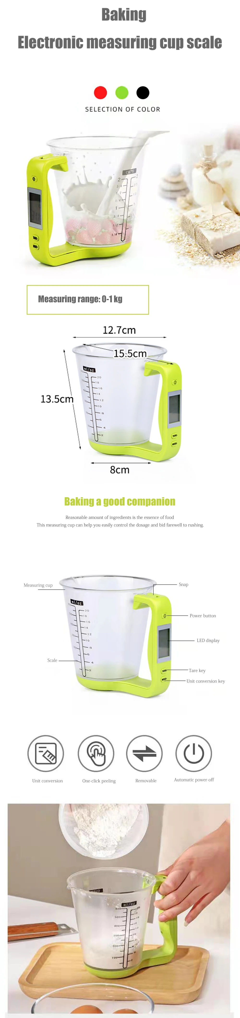 Digital LCD Display 4-In-1 1-1000G 600ML Capacity Measuring Cup