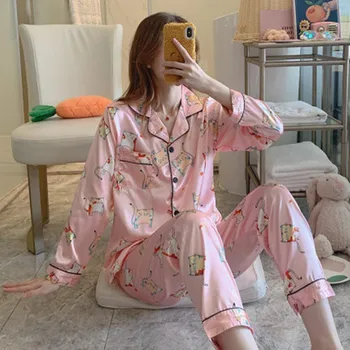 

Pajama women's summer thin short sleeve cardigan ice silk simulation silk lovely sexy home clothes two piece suit cat