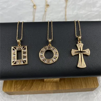 

Classic Gold Color Plating Square Round Heart Shape Roma Style Pendant with Clear Zircon Necklace For Women Office Lady Delicate