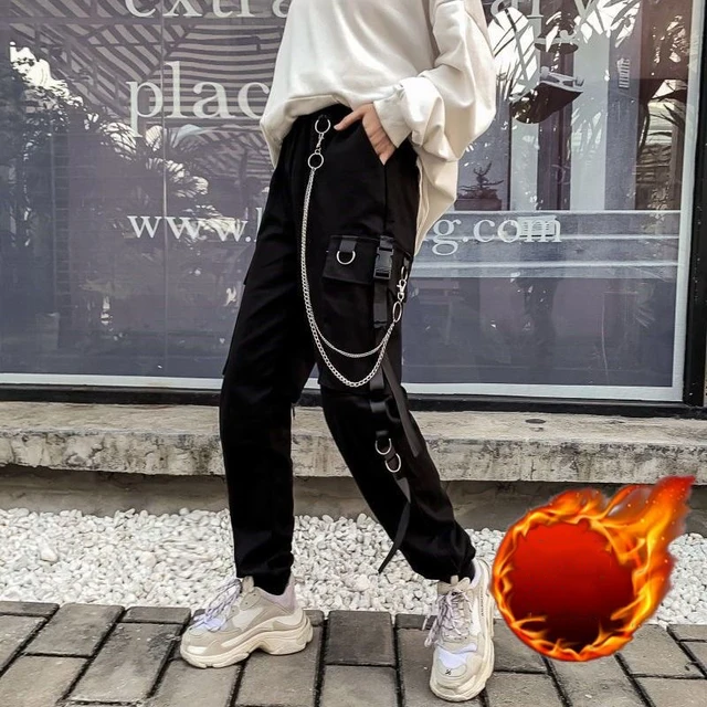 Women Cargo Pants 2021 Harem Pants Fashion Punk Pockets Jogger Trousers With Chain Harajuku Elastics High Waist Streetwear Black with velvet