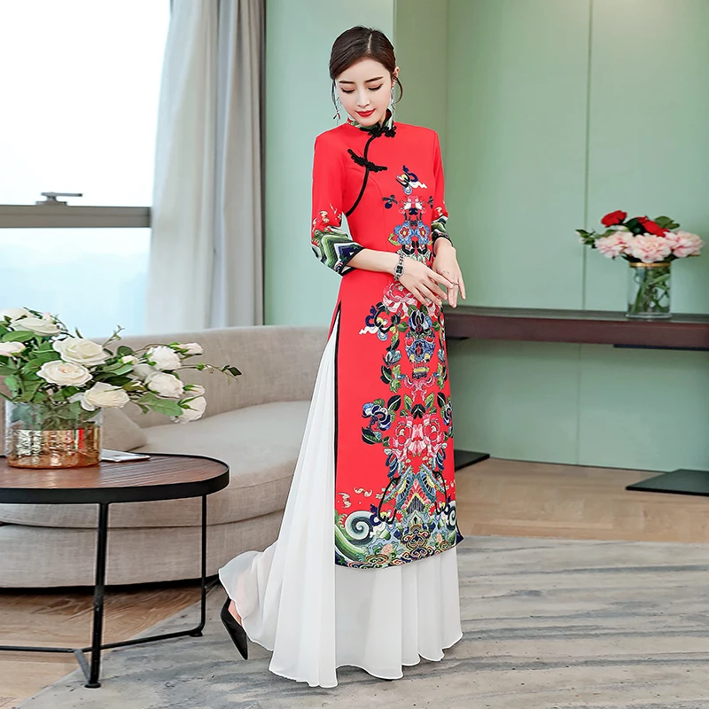 Китайское платье Aodai, традиционная одежда, Ципао, юбка, весна-лето, китайский стиль, чонсам, длинное платье, азиатская одежда
