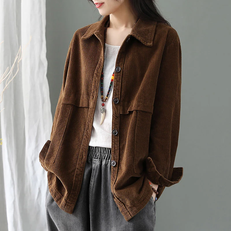 amazing  New 2019 Autumn Korea Fashion Women Long Sleeve Corduroy Coats Loose Casual Turn-down Collar Retro 