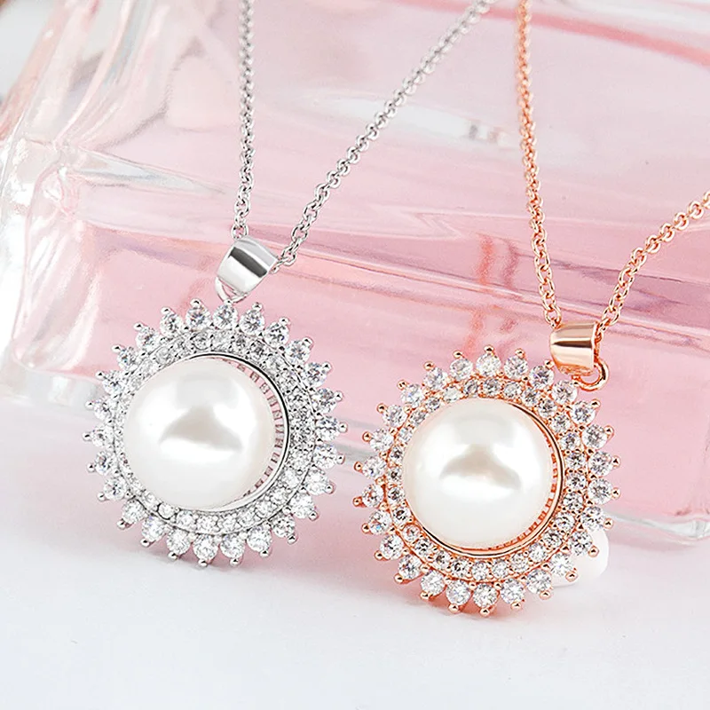 

FUN-BEAUTY Rose Gold Simple Fashion Natural Freshwater Pearl 12mm Micro Inlaid Zircon Pearl Pendant Joker Necklace Accessories