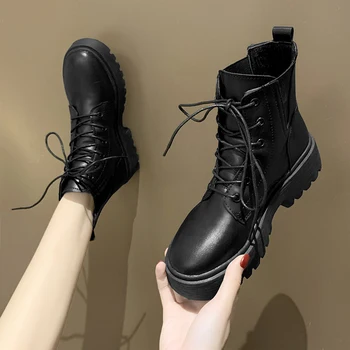 

Woman PU Leather Winter Boots Women Black Ankle Boots Punk Laces Motorcycle Boots Female Autumn Winter Shoes For Women