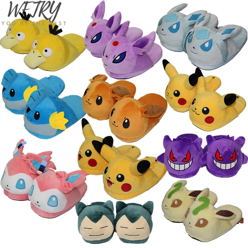 

Women Anime Cartoon Pokemon Slippers Lovers Warm Woman Slippers Elf Ball Pikachu Go Plush Shoes Home House Slippers Children