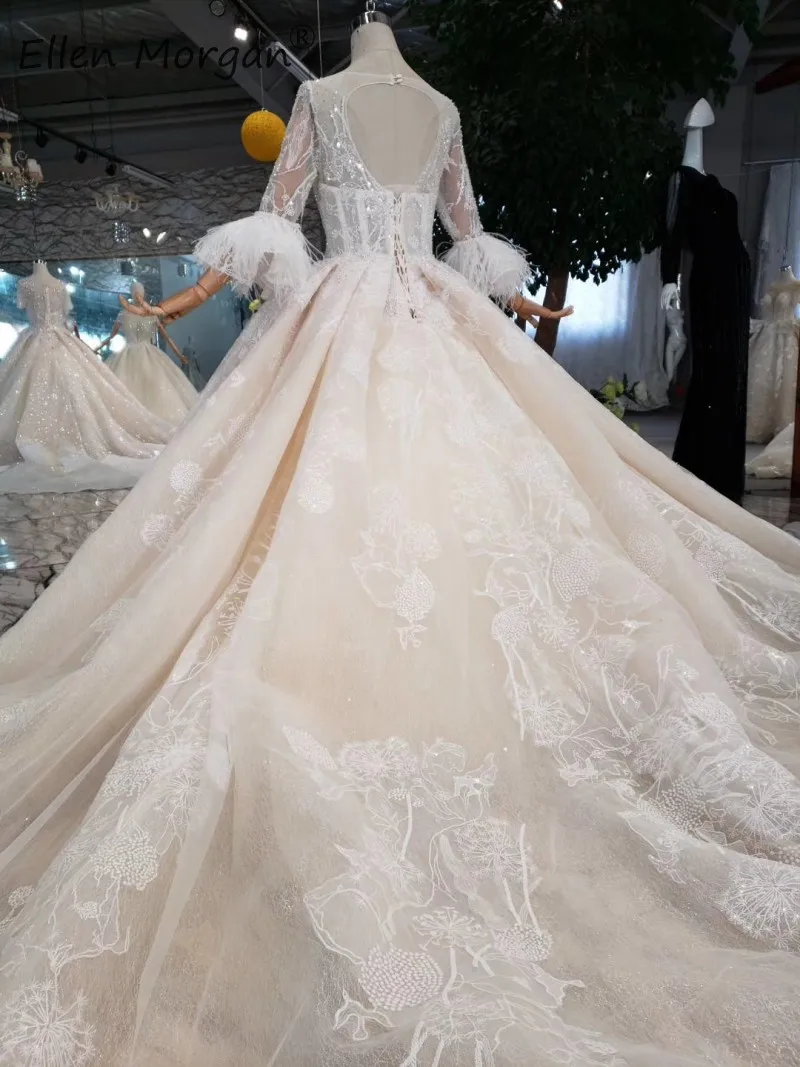Роскошные кружевные Пышные свадебные платья Vestidos De Novia, вырез лодочкой, три четверти, перья, бусины, формальные свадебные бальные платья для женщин