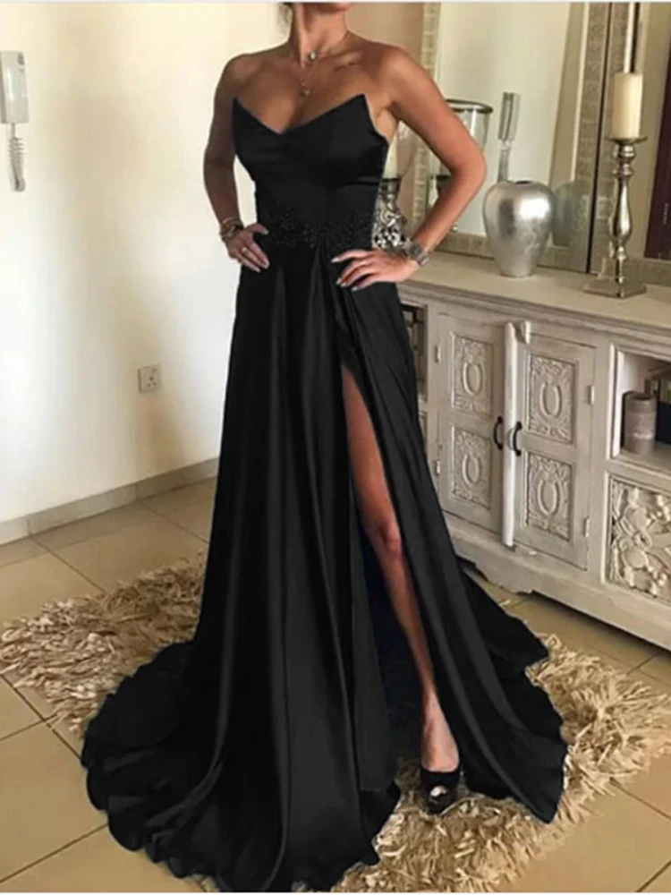 HWTX_Bridal, черные длинные платья для выпускного вечера, Индивидуальные Сексуальные Платья с высокими разрезами, а-силуэт, бордовое, королевское, синее атласное вечернее платье, официальное вечернее платье - Цвет: Черный